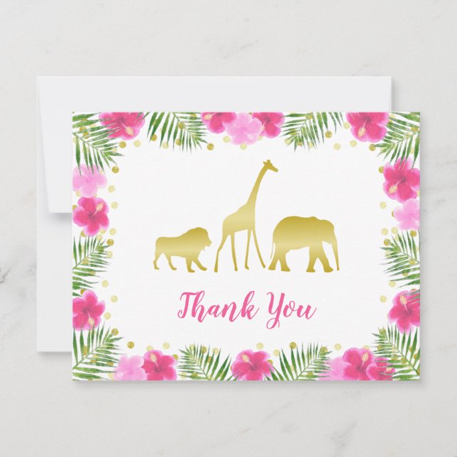 Carte De Remerciements Baby shower floral rose Gold Safari Animaux (Devant)