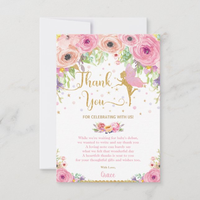 Carte De Remerciements Baby shower floral rose Whimsal Fairy (Devant)