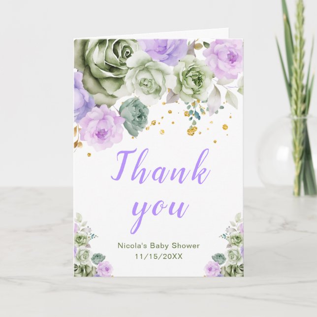 Carte De Remerciements Baby shower floral vert Sage et violet (Devant)