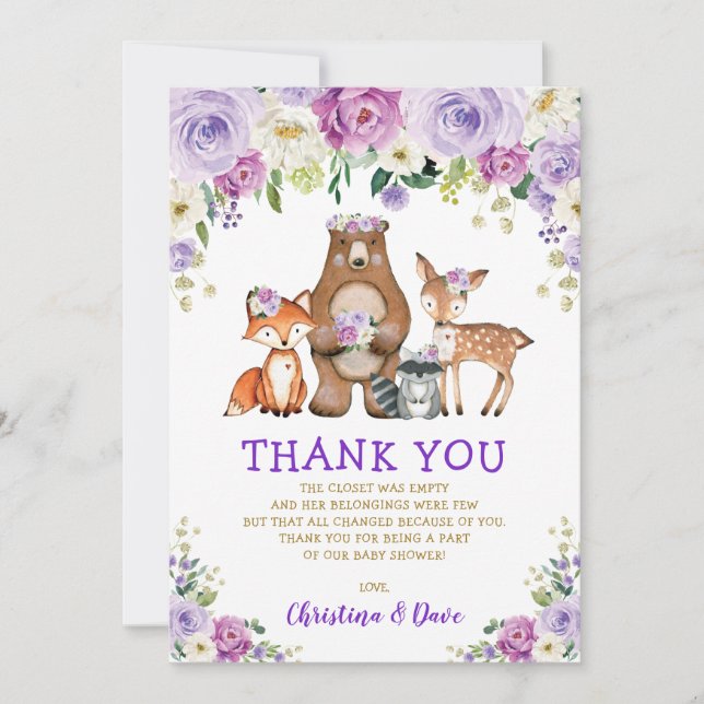 Carte De Remerciements Baby shower forestier floral pourpre (Devant)
