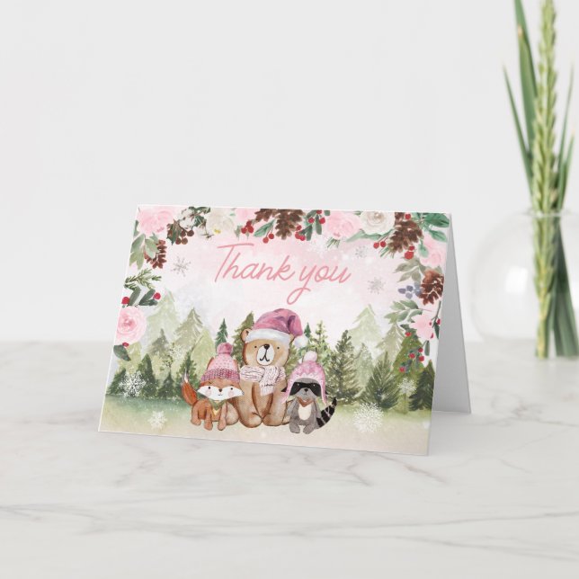 Carte De Remerciements Baby shower forestier rose d'hiver (Devant)