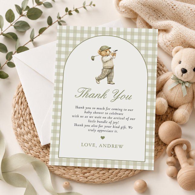 Carte De Remerciements Baby Shower Garçon Golf Gingham Vert (Créateur téléchargé)