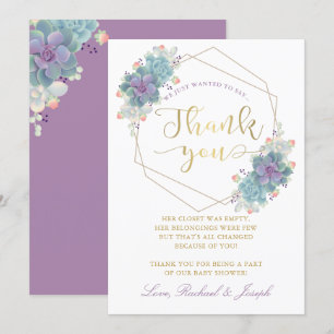 Carte De Remerciements Baby shower géométrique en or violet Succulents