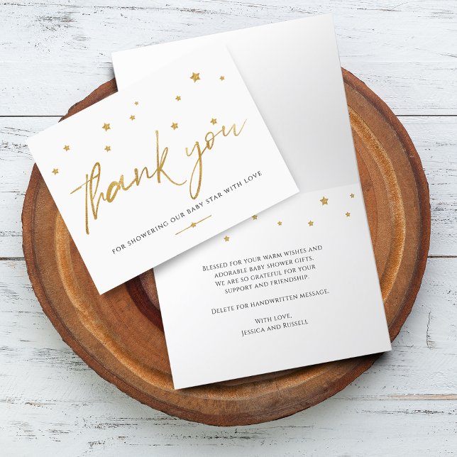 Carte De Remerciements Baby shower Gold Stars plié (Gold Stars Baby Shower Folded Thank You Card)