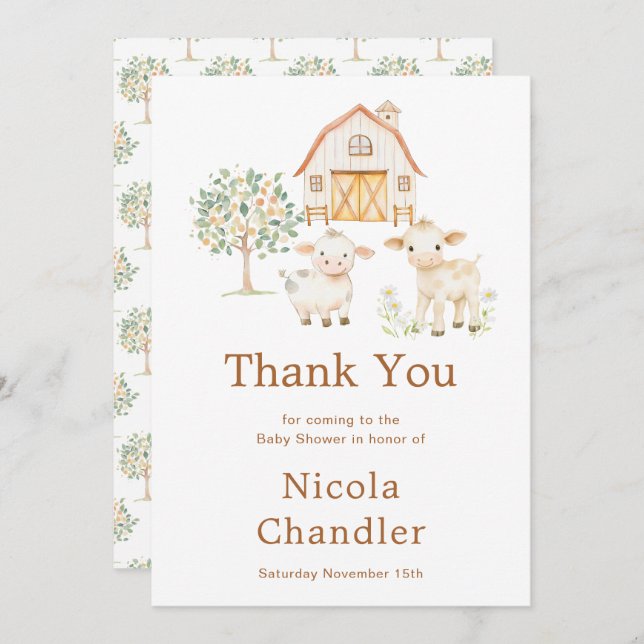 Carte De Remerciements Baby shower grange mignonne  (Devant / Derrière)