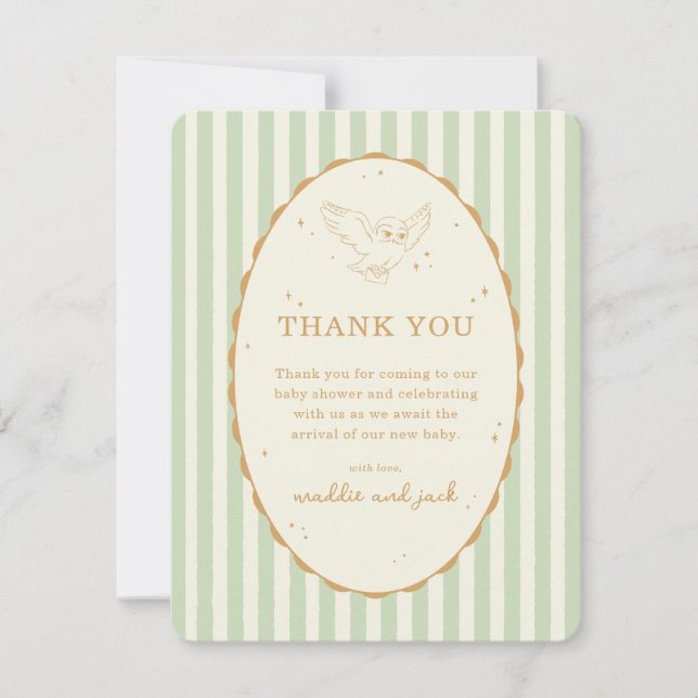 Carte De Remerciements Baby Shower Harry Potter Hedwig Rayure Verte (Devant)