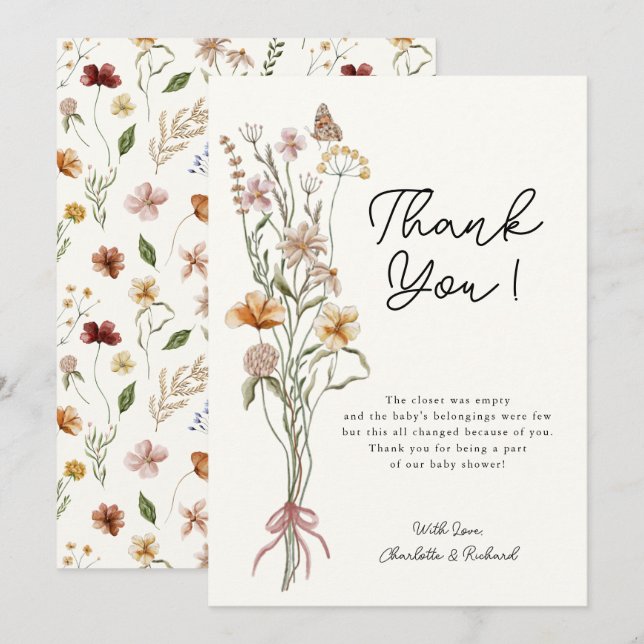 Carte De Remerciements Baby shower ivoire de petite fille Fleur sauvage (Devant / Derrière)