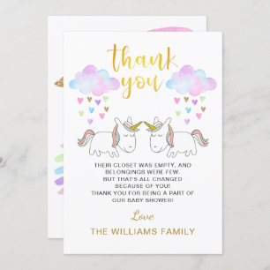 Carte De Remerciements Baby shower jumeau Pastel Rainbow Unicorn