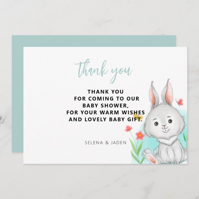 Carte De Remerciements Baby shower lapin d'aquarelle (Devant / Derrière)