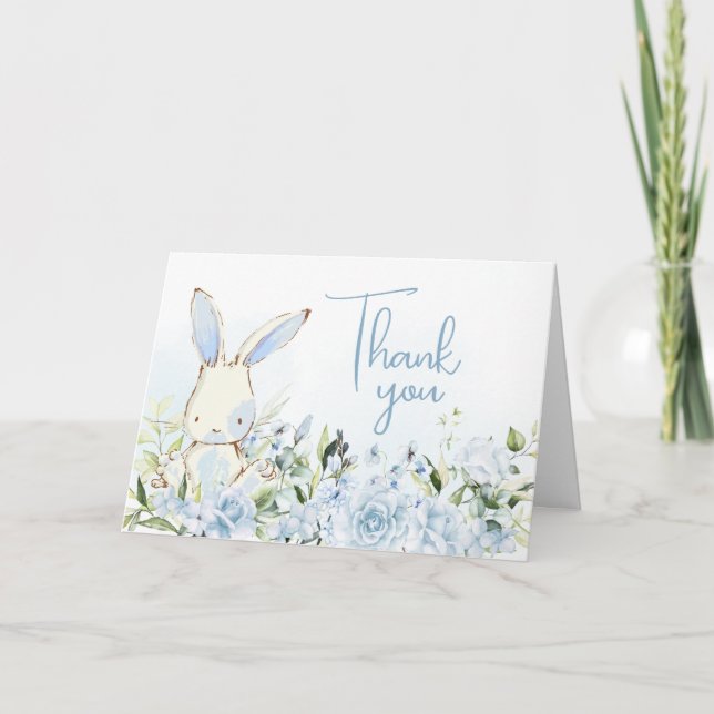 Carte De Remerciements Baby shower lapin de lapin de fleurs bleues (Devant)