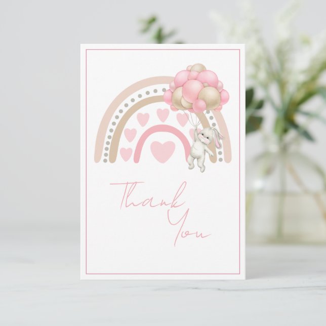 Carte De Remerciements Baby shower lapin lapin arc-en-ciel rose (Debout devant)