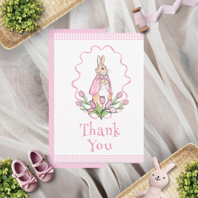 Carte De Remerciements Baby Shower Lapin Rose à Carreaux Floral (Créateur téléchargé)