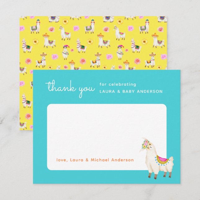Carte De Remerciements Baby shower Llama Turquoise et Jaune (Devant / Derrière)