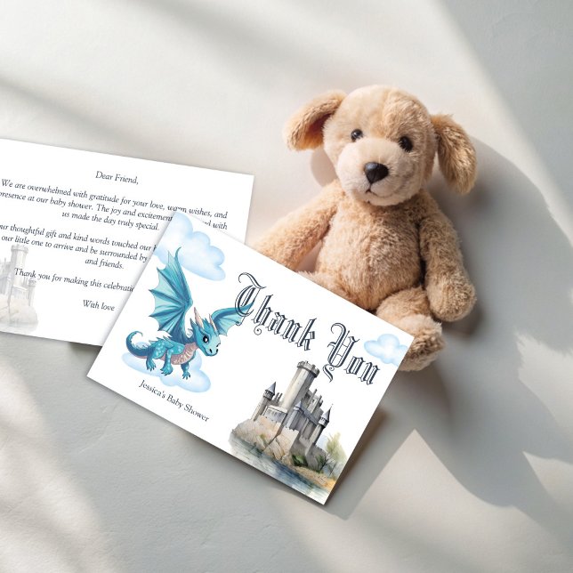Carte De Remerciements Baby shower médiéval pour bébé dragon bleu (Medieval cute blue baby dragon baby shower thank you cards fantasy dragon thank you cards)