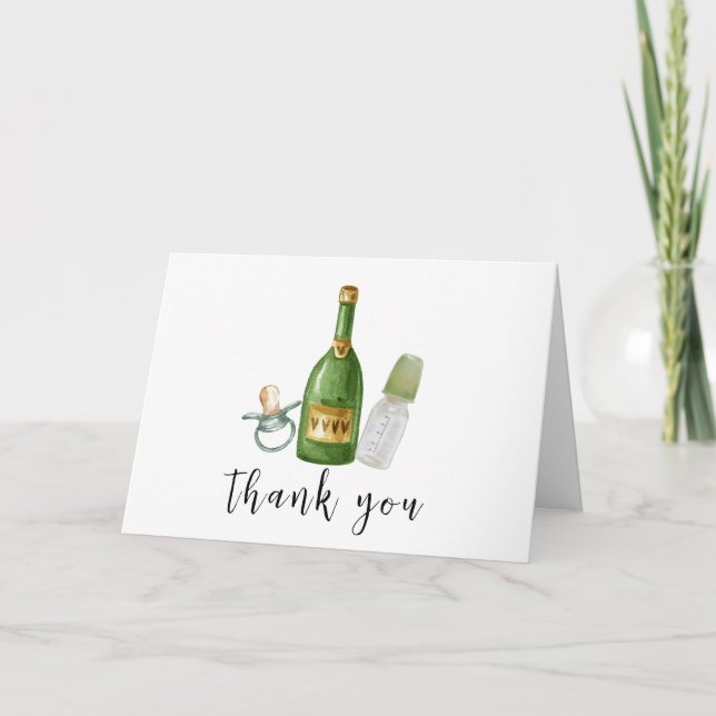 Carte De Remerciements Baby shower minimal vert Poppin Champagne bouteill (Devant)