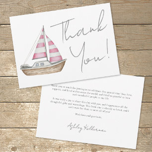 Carte De Remerciements Baby Shower Minimaliste Rose Thème Marin Fille