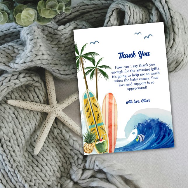 Carte De Remerciements Baby shower moderne Blue Ocean Wave Surboard (Modern Blue Ocean Wave Surfboard Baby Shower Thank You Card)