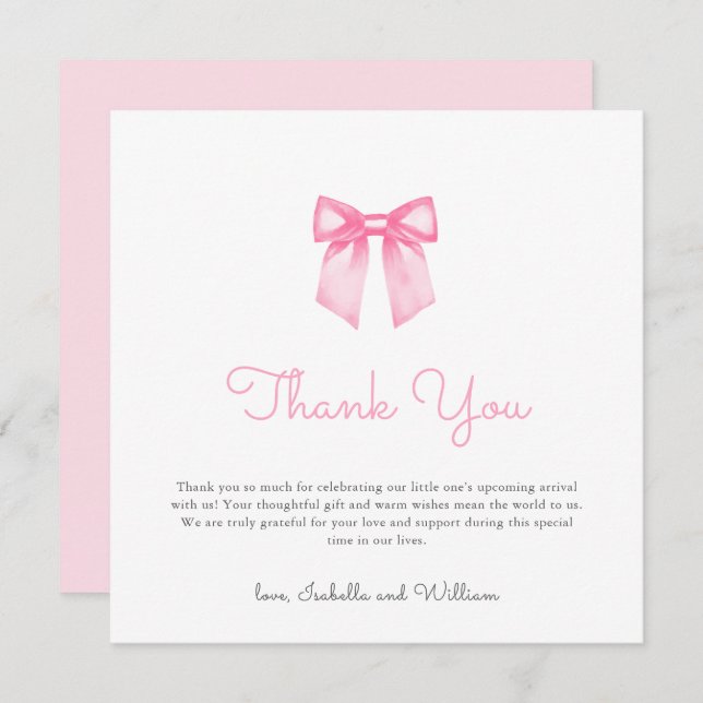 Carte De Remerciements Baby shower moderne Elegant Rose Bow (Devant / Derrière)