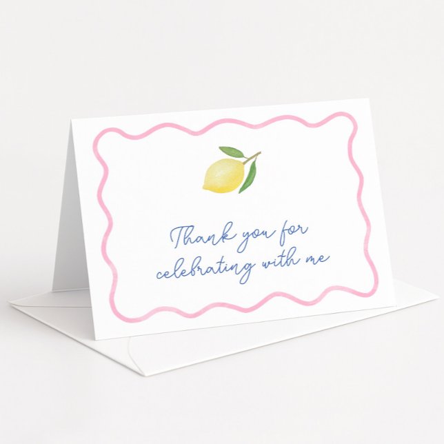Carte De Remerciements Baby Shower Moderne Rose aux Vagues Lemon (Modern boho pink squiggle border with citrus lemon wedding shower thank you cards)