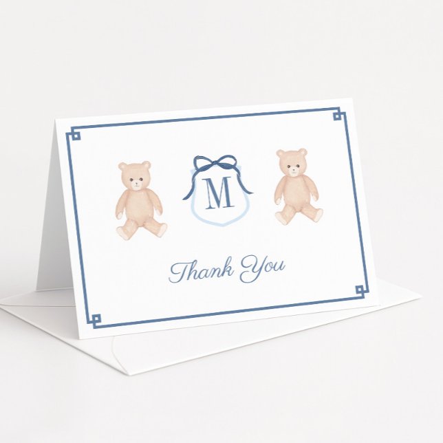 Carte De Remerciements Baby shower Monogramme classique de l'ours en pelu (Classic baby shower thank you card featuring watercolor teddy bear and monogram detail)