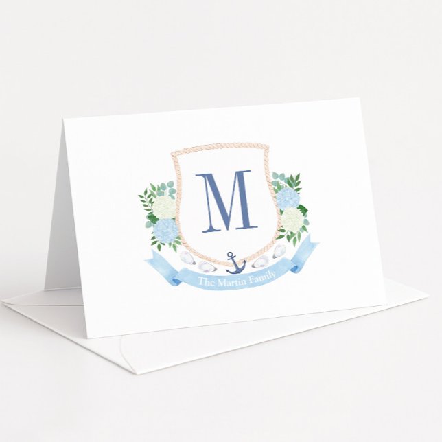 Carte De Remerciements Baby shower Monogramme Côtier Bleu Et Blanc (Single letter coastal-inspired monogram crest thank you card designs)