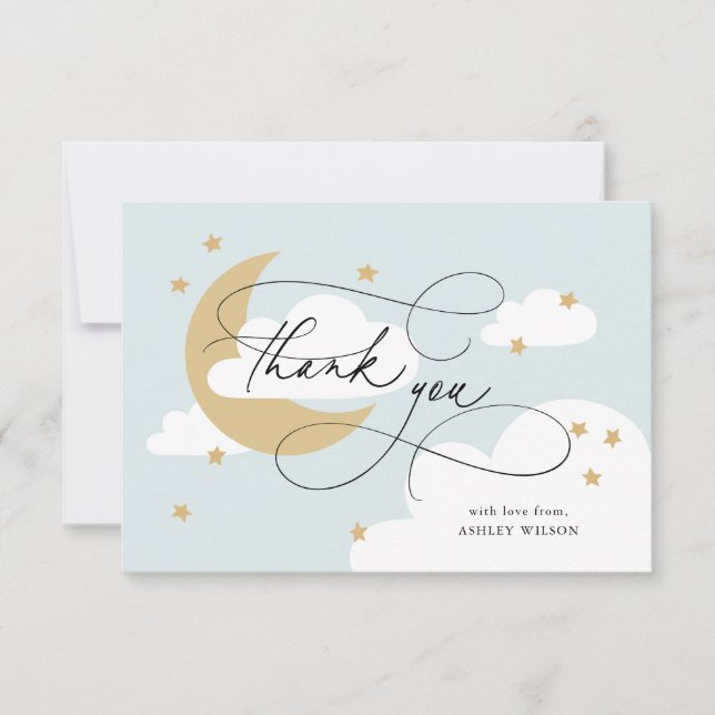 Carte De Remerciements Baby shower Moon et Stars Blue Script (Devant)