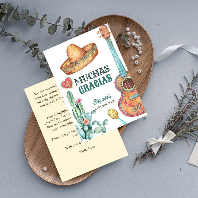 Carte De Remerciements Baby shower muchacho de fêtes mexicaines (Mexican fiesta little muchacho baby shower thank you card muchas gracias card guitar sombrero cactus)
