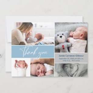 Carte De Remerciements Baby shower multiphoto bleu moderne