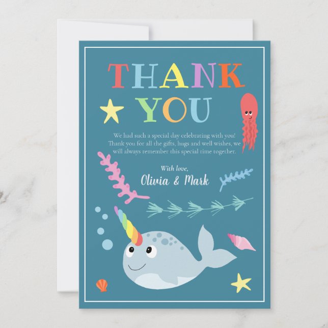 Carte De Remerciements Baby shower Narwhal Neutre Pour Les Sexes (Devant)