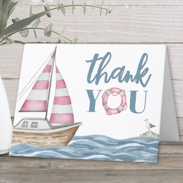 Carte De Remerciements Baby shower nautique rose (Pink Nautical Baby Shower Thank You Card)