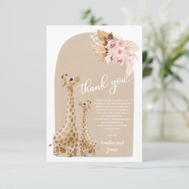 Carte De Remerciements Baby shower Neutre Pampas Grass Giraffe (Debout devant)