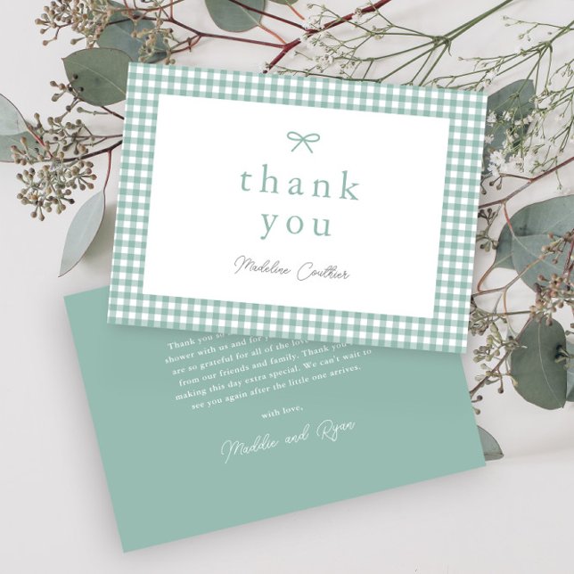 Carte De Remerciements Baby shower neutre pour les hommes et les femmes (Sage green bow gingham gender neutral  baby shower thank you cards.)