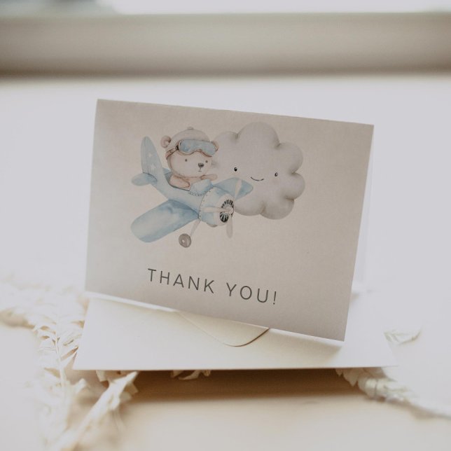Carte De Remerciements Baby shower ou anniversaire d'avion et d'ours en p (Créateur téléchargé)