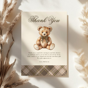 Carte De Remerciements Baby Shower Ours Brun à Carreaux Vintage