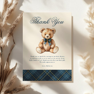 Carte De Remerciements Baby Shower Ours Brun avec Carreaux Bleus Vintage
