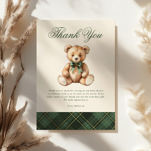 Carte De Remerciements Baby Shower Ours Brun Plaid Vert Vintage