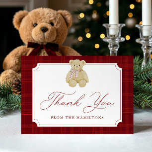 Carte De Remerciements Baby Shower Ours en Carreaux Rouges Prépa