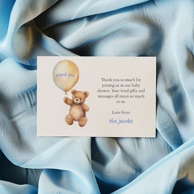 carte de remerciements baby shower. Ours en peluch (Teddy bear baby shower thank you card with gold balloon and blue script.)