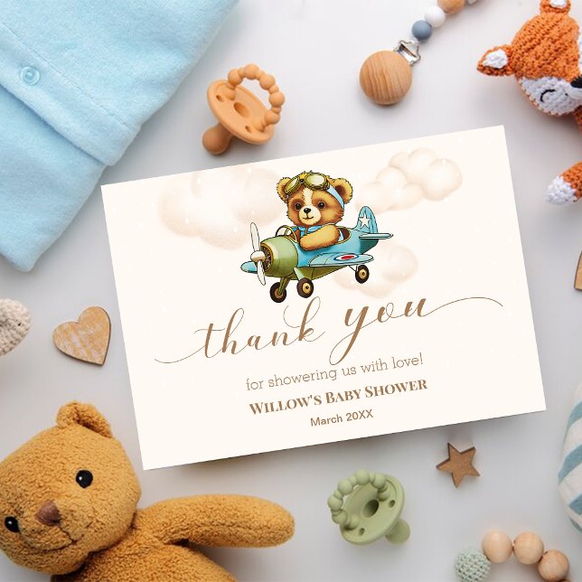 Carte De Remerciements Baby shower Ours en peluche de l'avion Whimsical (Whimsical Airplane Teddy Bear Baby shower Thank You Card)