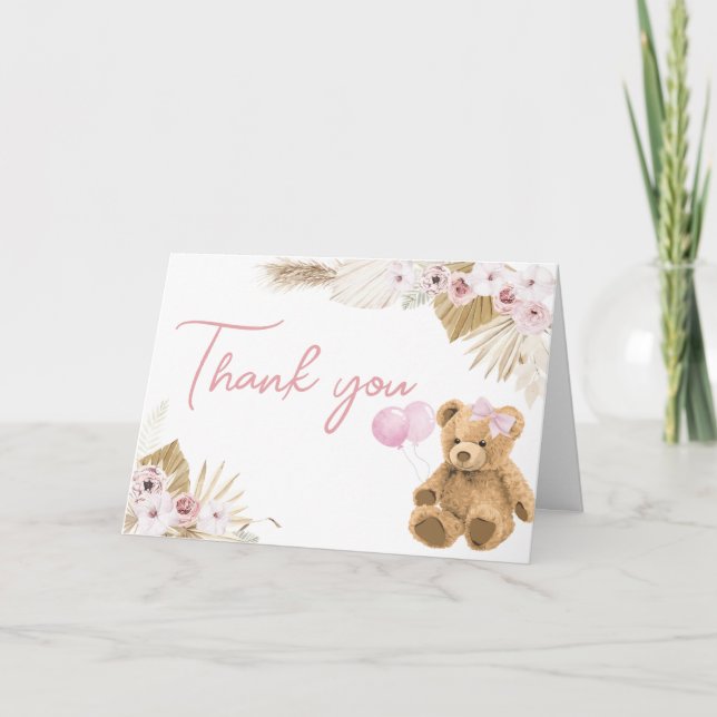Carte De Remerciements Baby shower Ours rose Boho (Devant)