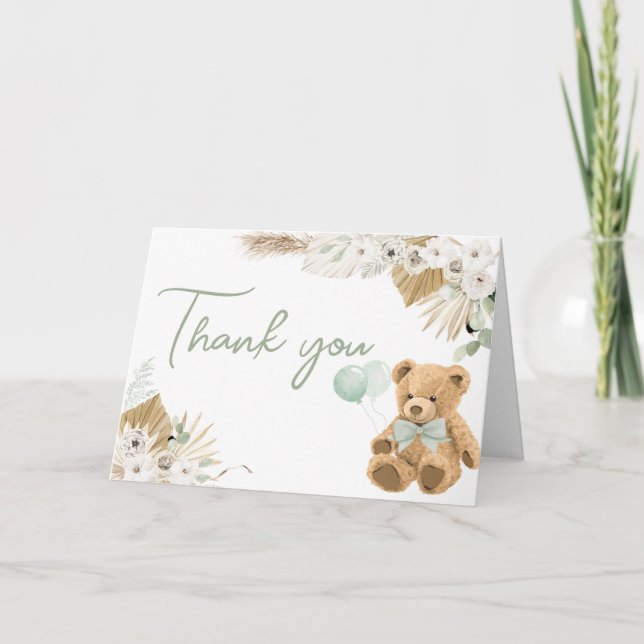 Carte De Remerciements Baby shower Ours vert Boho (Devant)
