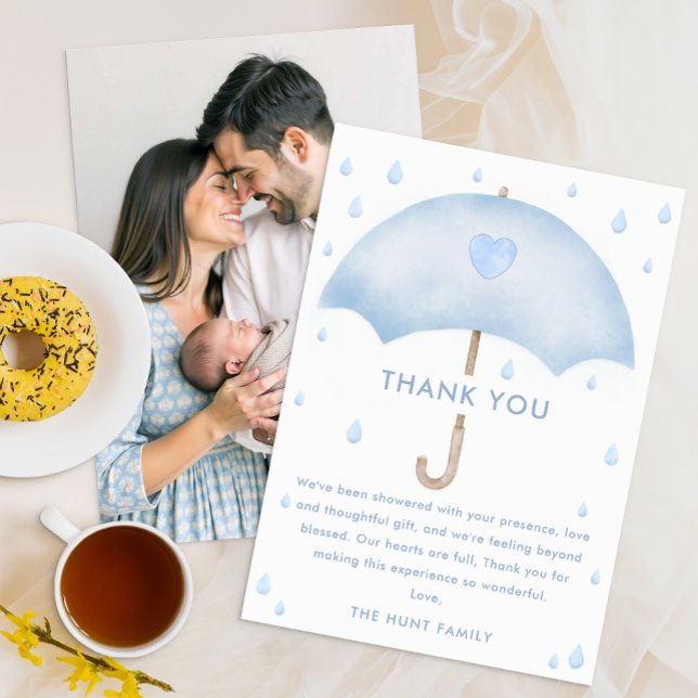 Carte de remerciements Baby shower parapluie bleu (Blue Umbrella Thank You Card)