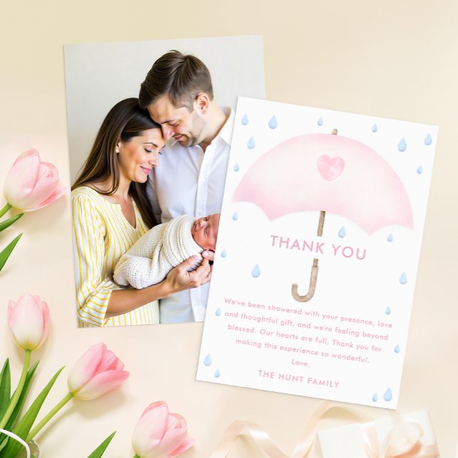 Carte de remerciements Baby shower parapluie bleu (Front & Back | Thank You Card)