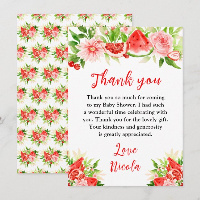 Carte De Remerciements Baby Shower Pastèque et Grenade (Devant / Derrière)