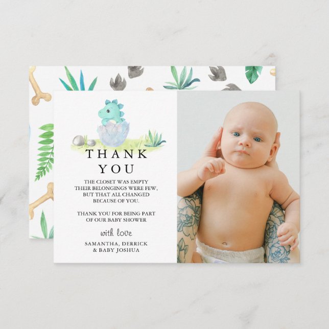 Carte De Remerciements Baby shower photo Cute Dinosaur (Devant / Derrière)
