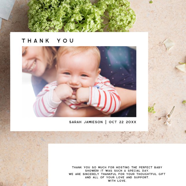 Carte De Remerciements Baby shower photo personnalisé simple et moderne (Sleek Simple Modern Custom Photo Baby Shower Thank You Card)