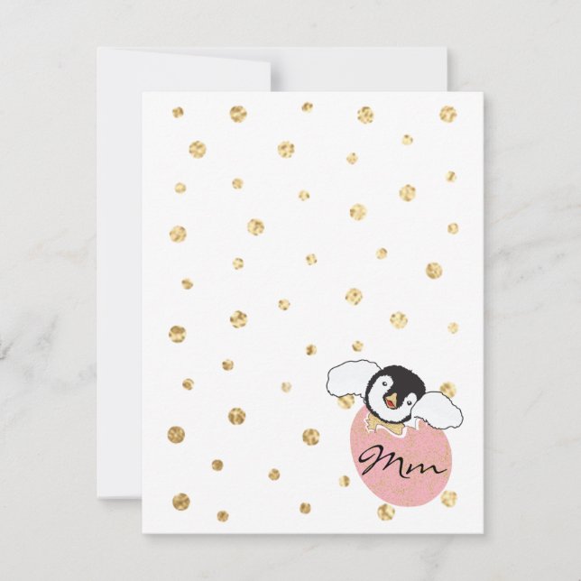 Carte de remerciements Baby shower, "Pingouin rose (Devant)