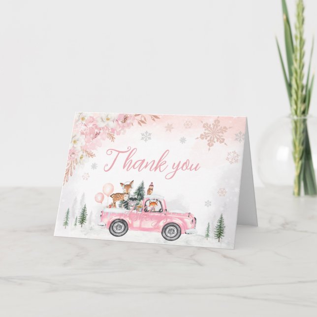 Carte De Remerciements Baby shower Pink Winter Woodland Truck (Devant)
