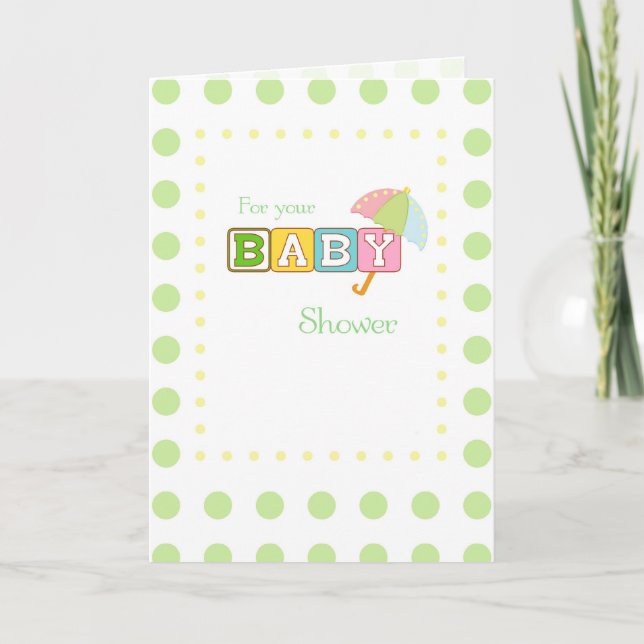 Carte De Remerciements Baby shower, points verts avec parapluie (Devant)