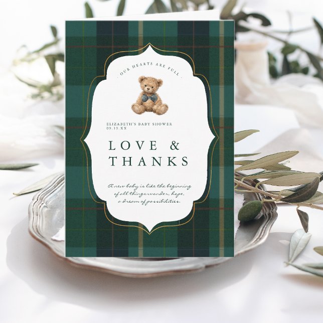 Carte De Remerciements Baby Shower Polo à carreaux avec un vieux nounours (Créateur téléchargé)